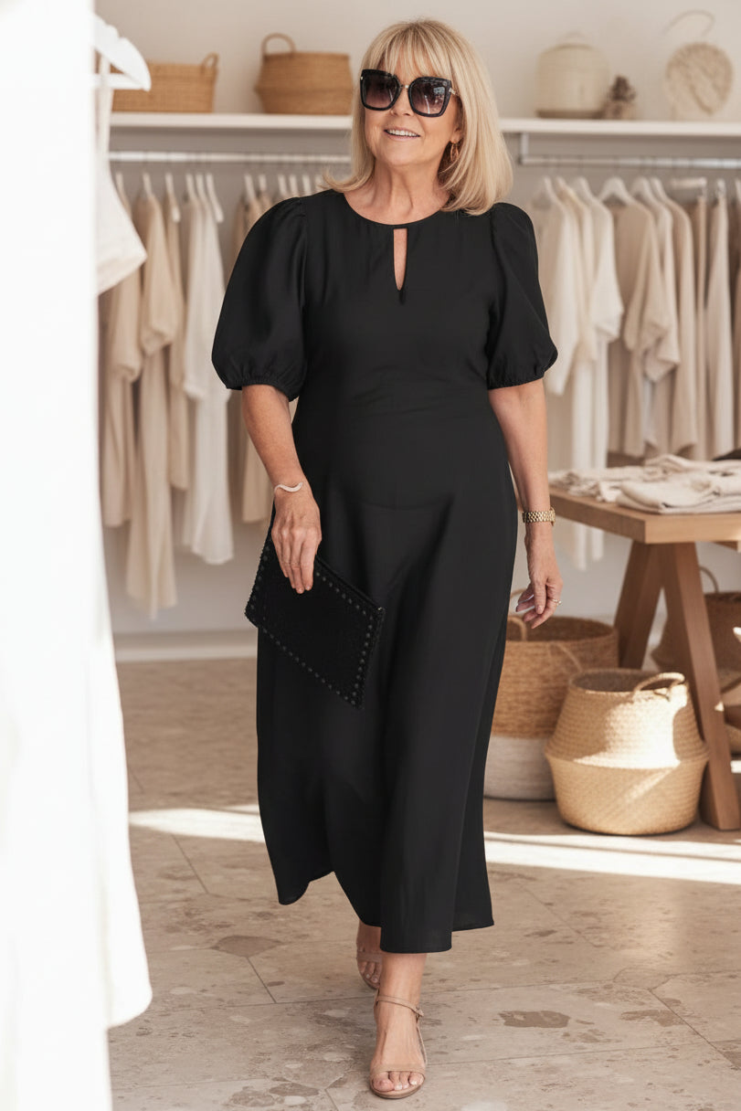 Rena Keyhole Puff-Sleeve Dress in Carbon Black
