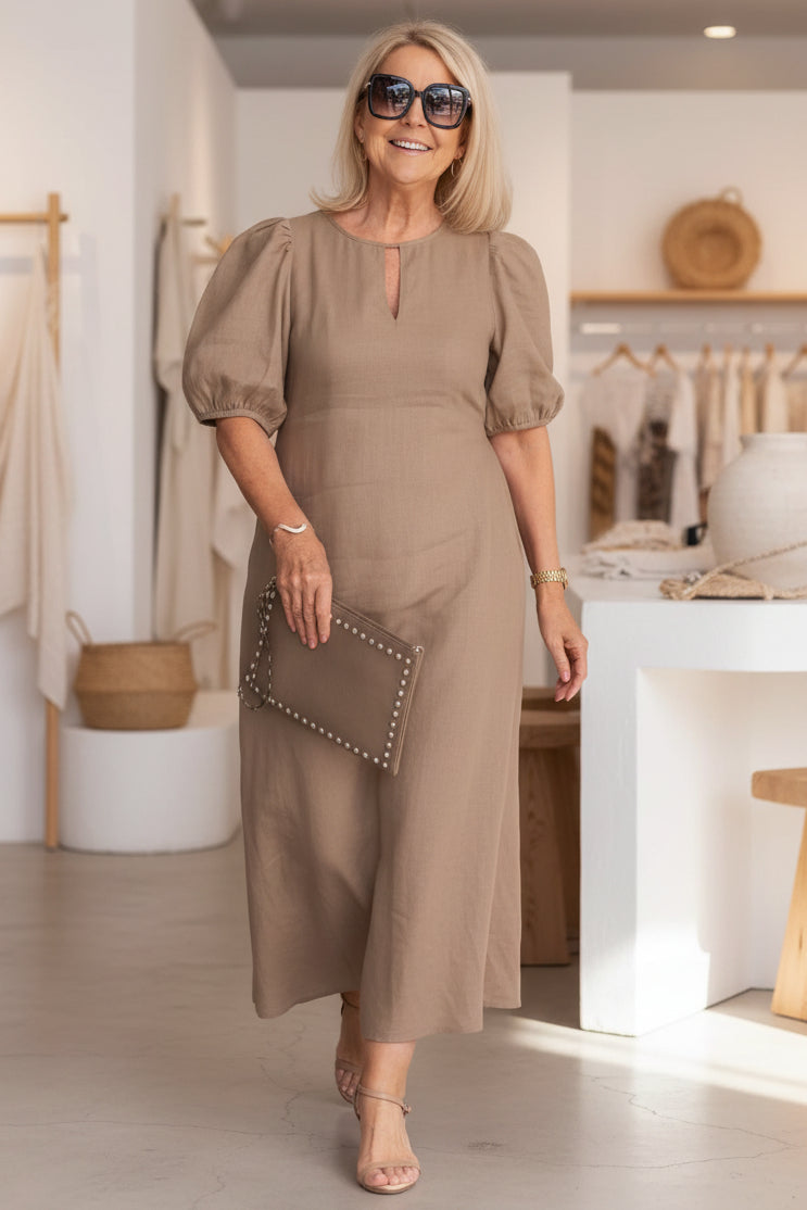 Rena Keyhole Puff-Sleeve Dress in Soft Beige