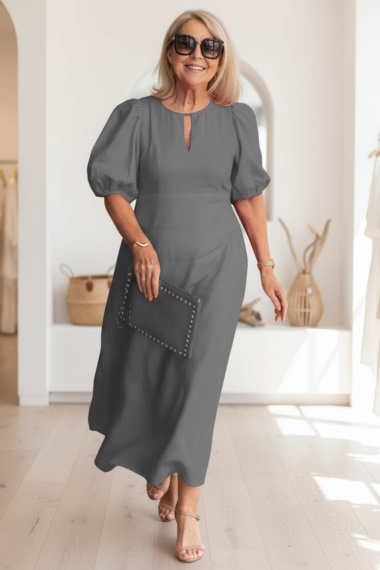 Rena Keyhole Puff-Sleeve Dress in Silver Gray