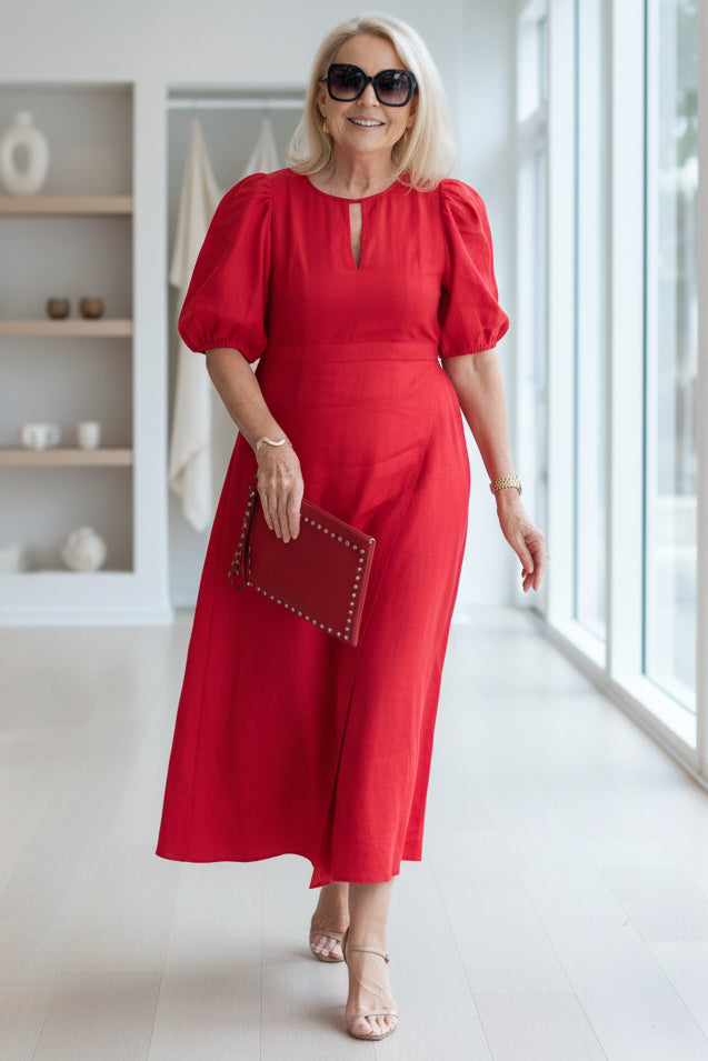 Rena Keyhole Puff-Sleeve Dress in Wine Red