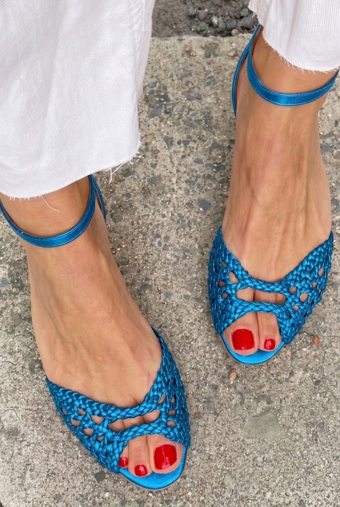 Renee Plaited Ankle-Strap Flats in Blue