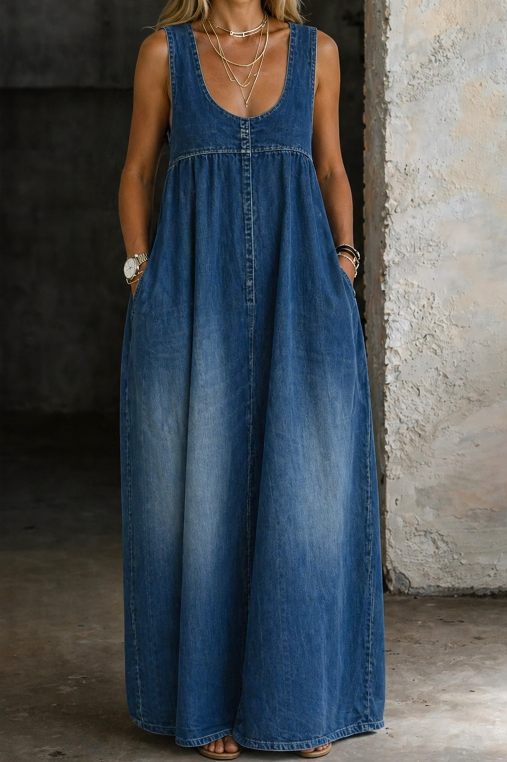 Reva Scoop-Neck Pinafore Maxi in Blue