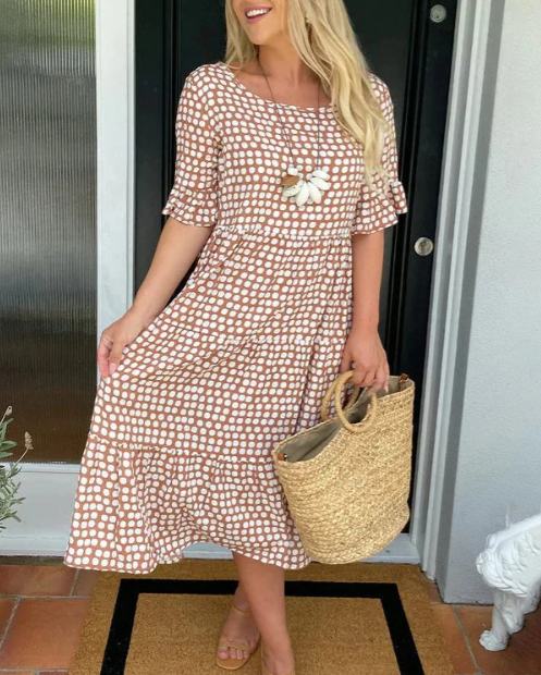 Rochelle Spotted Tiered Dress in Brown