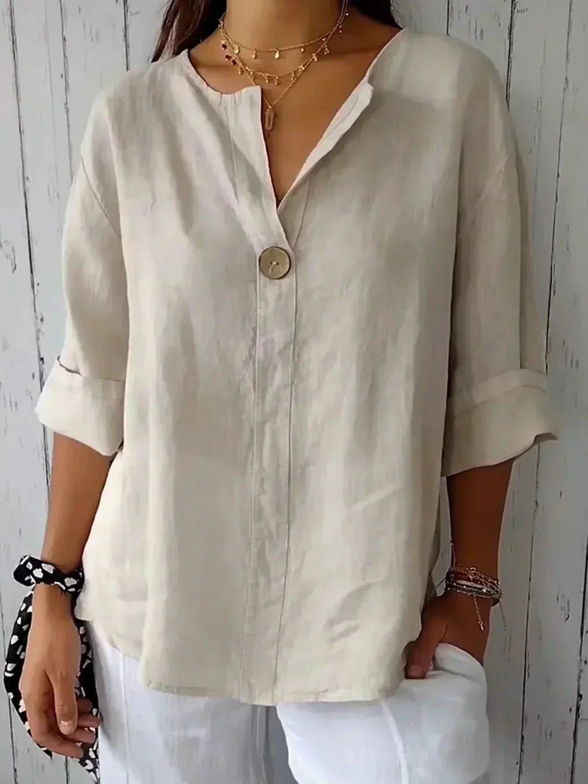 Romilly Linen Split-Neck Top in Beige