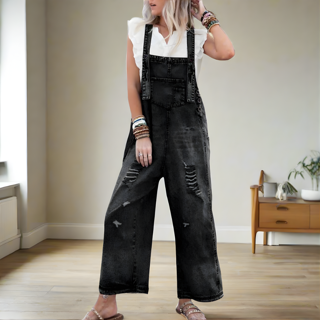 Roswitha Distressed Denim Overalls in Black