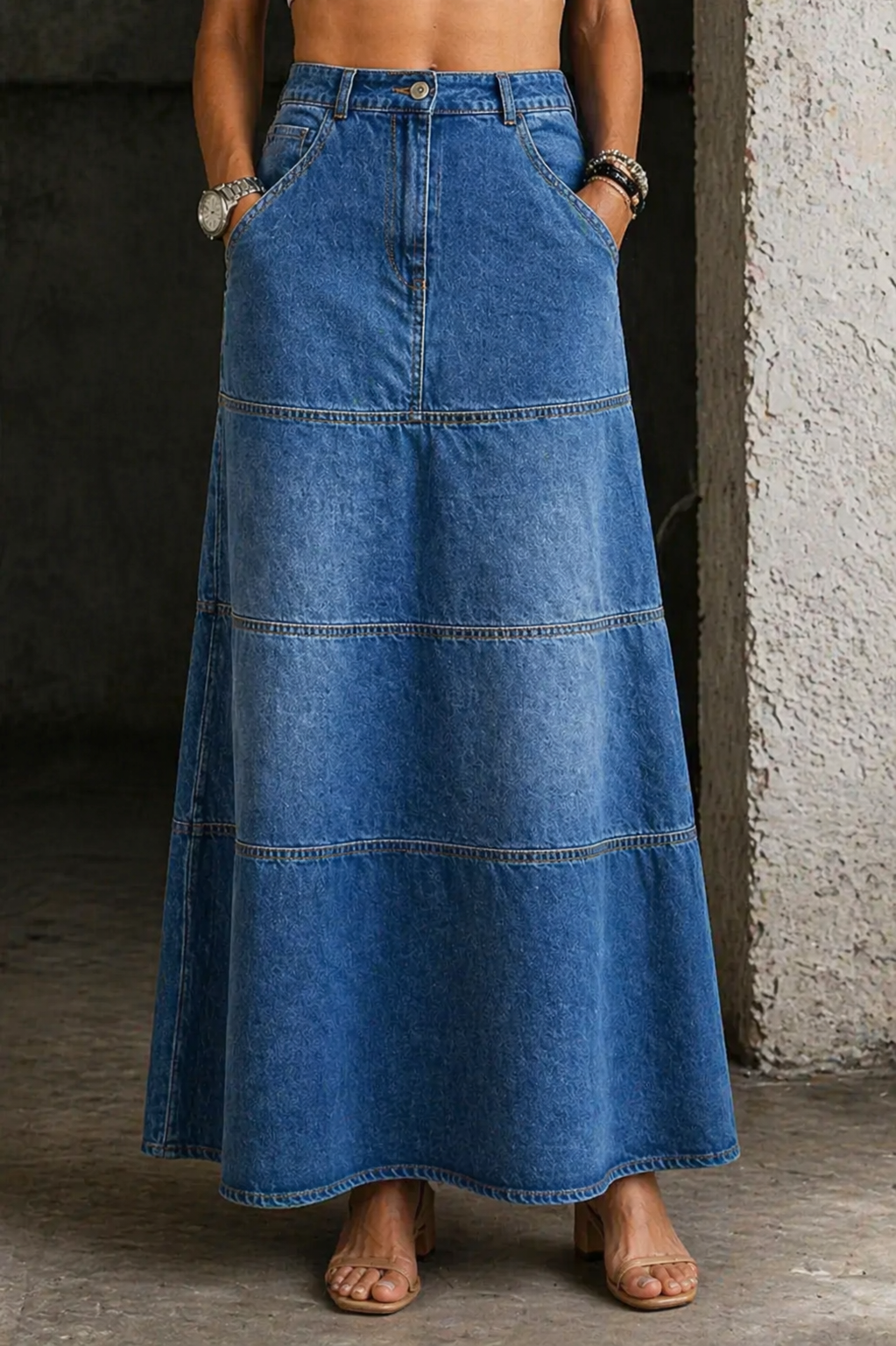 Rylee Paneled Denim Maxi in Medium Blue