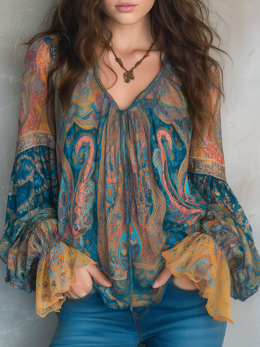 Sabrine Paisley Ruffle Blouse in Teal