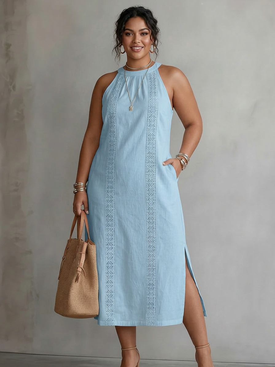 Sallie Open-Work Midi Dress in Blue