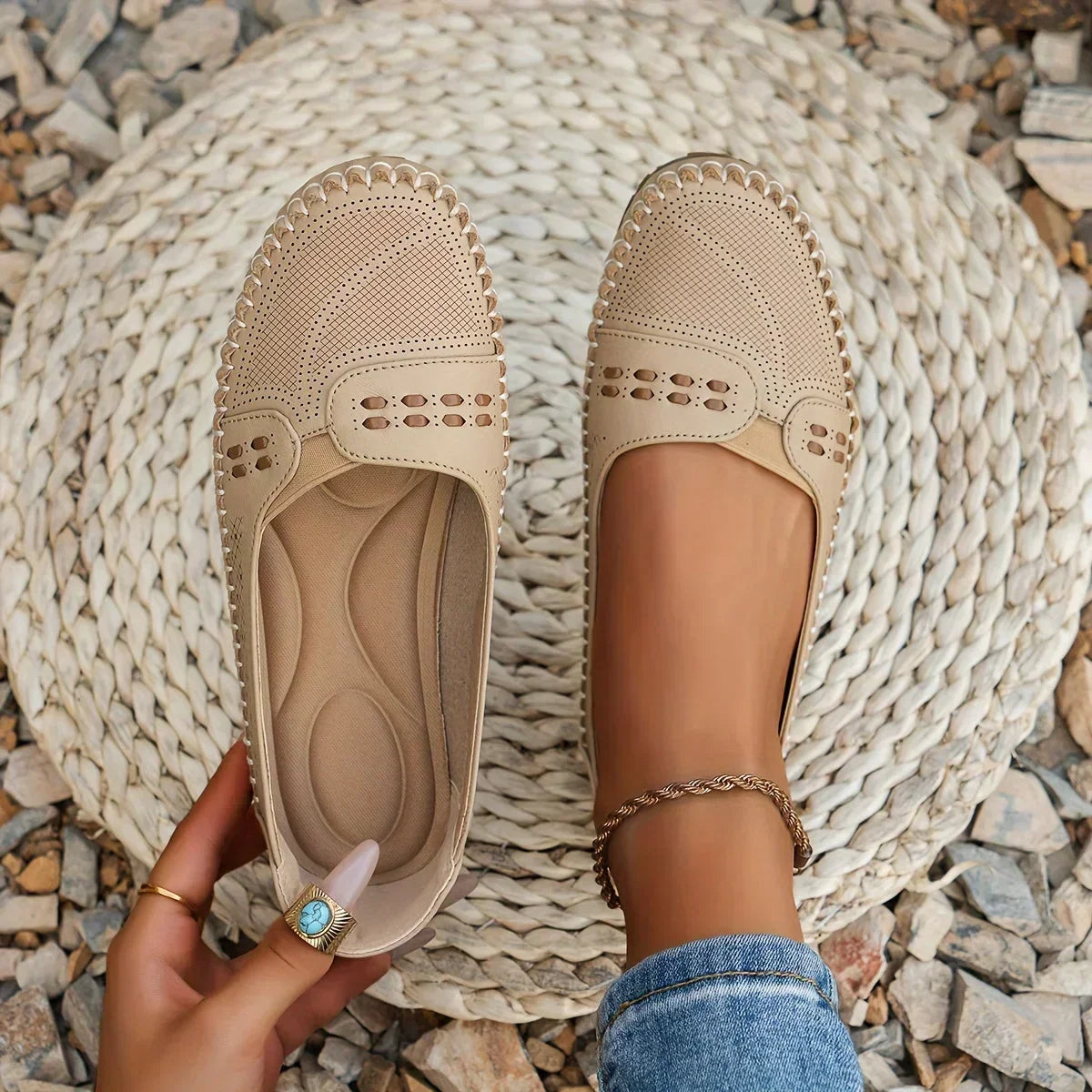 Savannah Perforated Slip-On Loafers in Beige