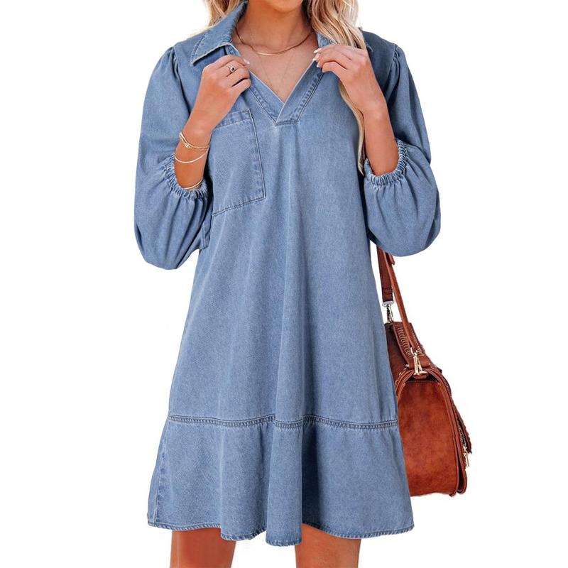 Severine Collared Denim Dress in Light Blue