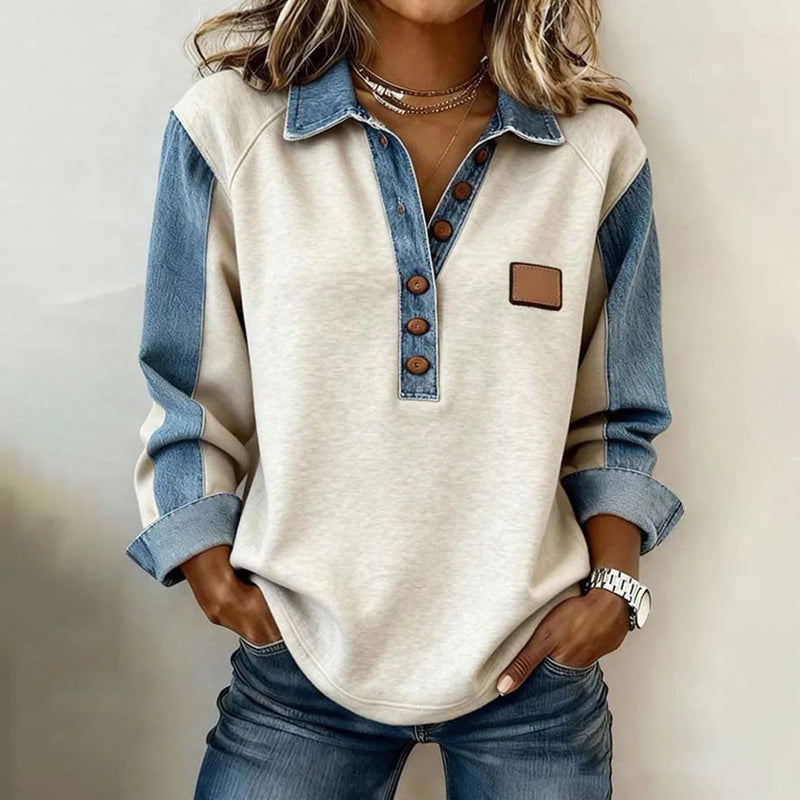 Shawna Denim-Look Collar Sweatshirt in Blue