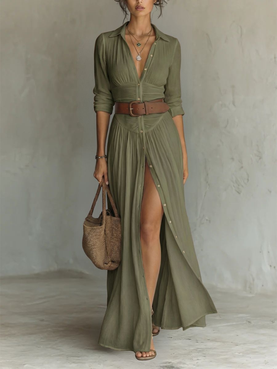 Shayna Pleated Maxi Dress in Green
