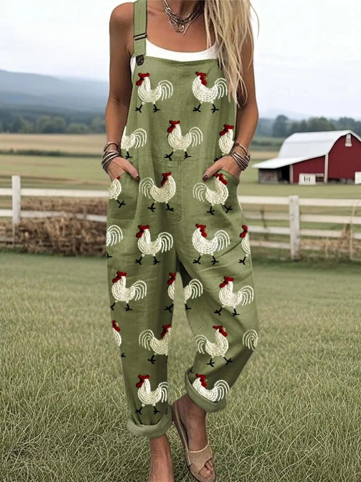 Sheila Rooster Print Overalls