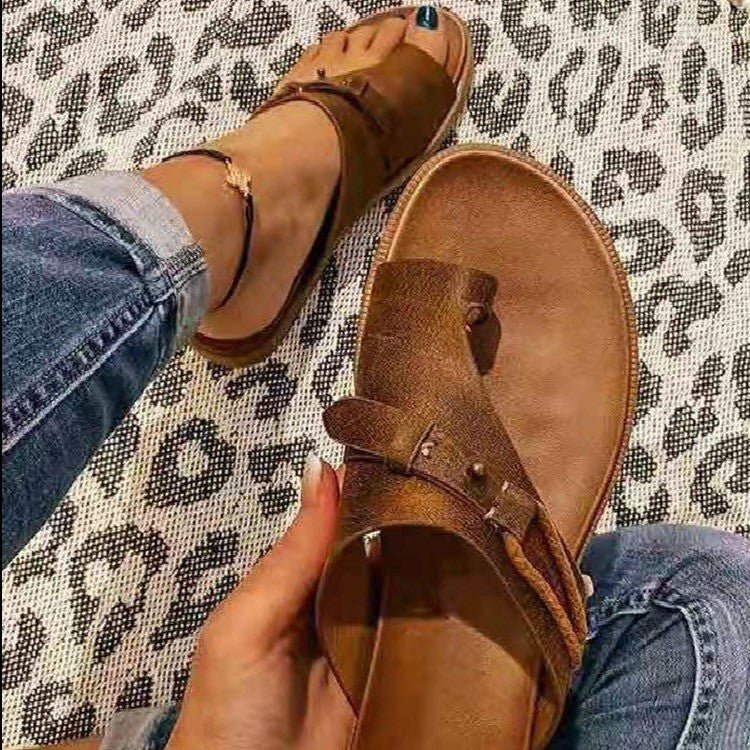 Shelley Toe-Loop Flat Slides in Brown