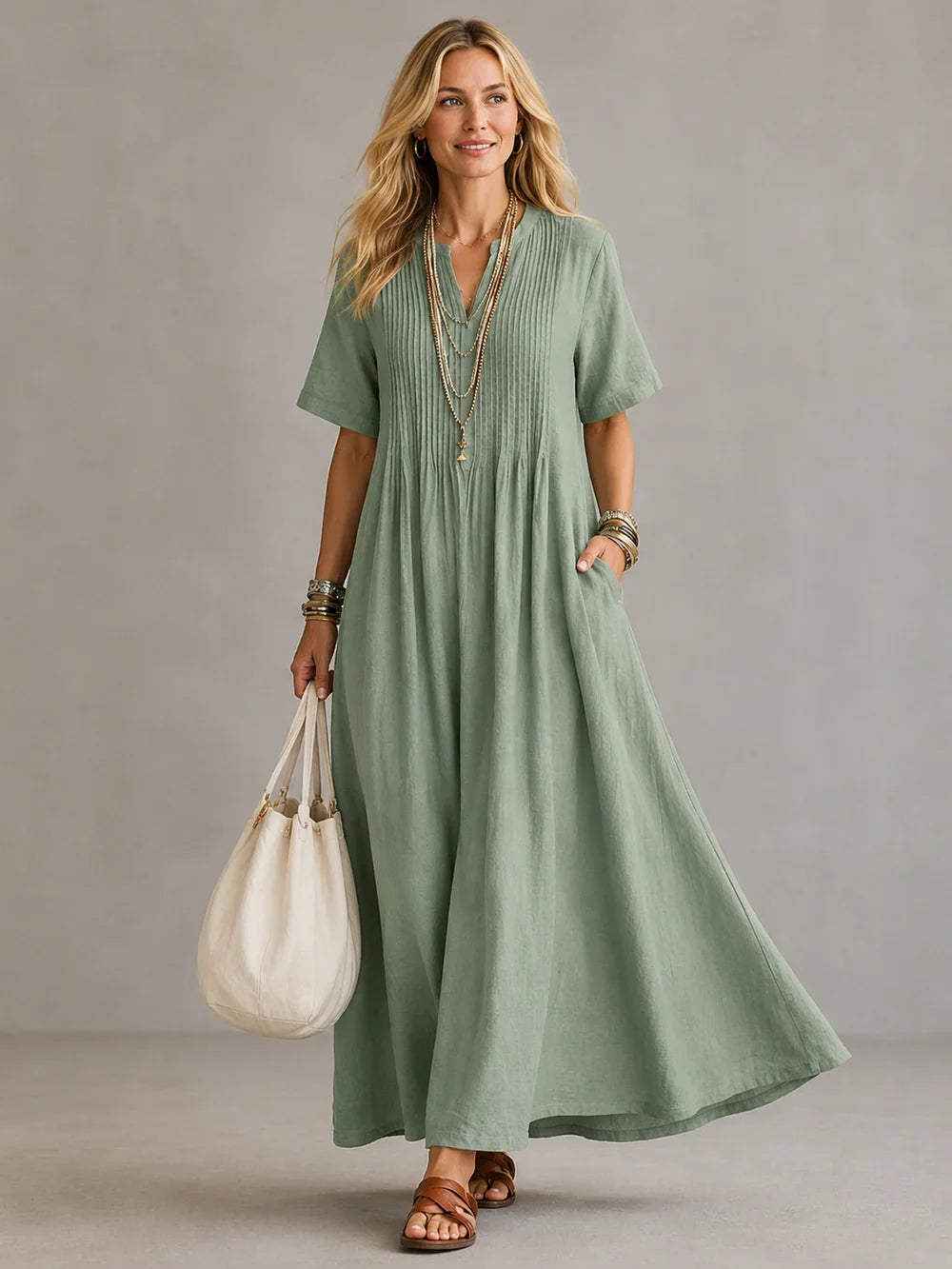 Simonetta Pintuck Maxi Dress in Green