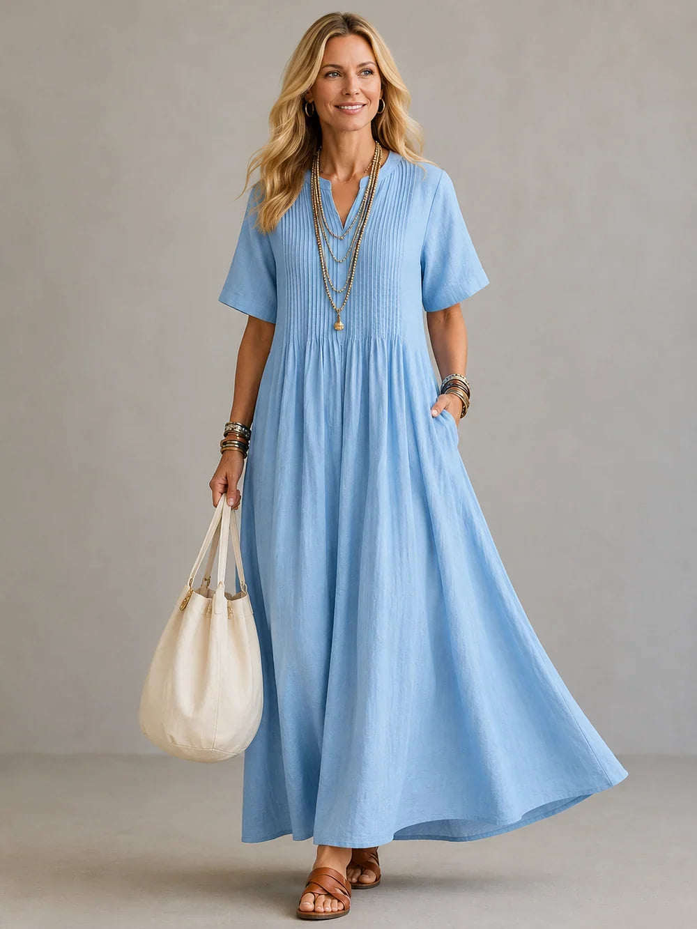 Simonetta Pintuck Maxi Dress in Blue