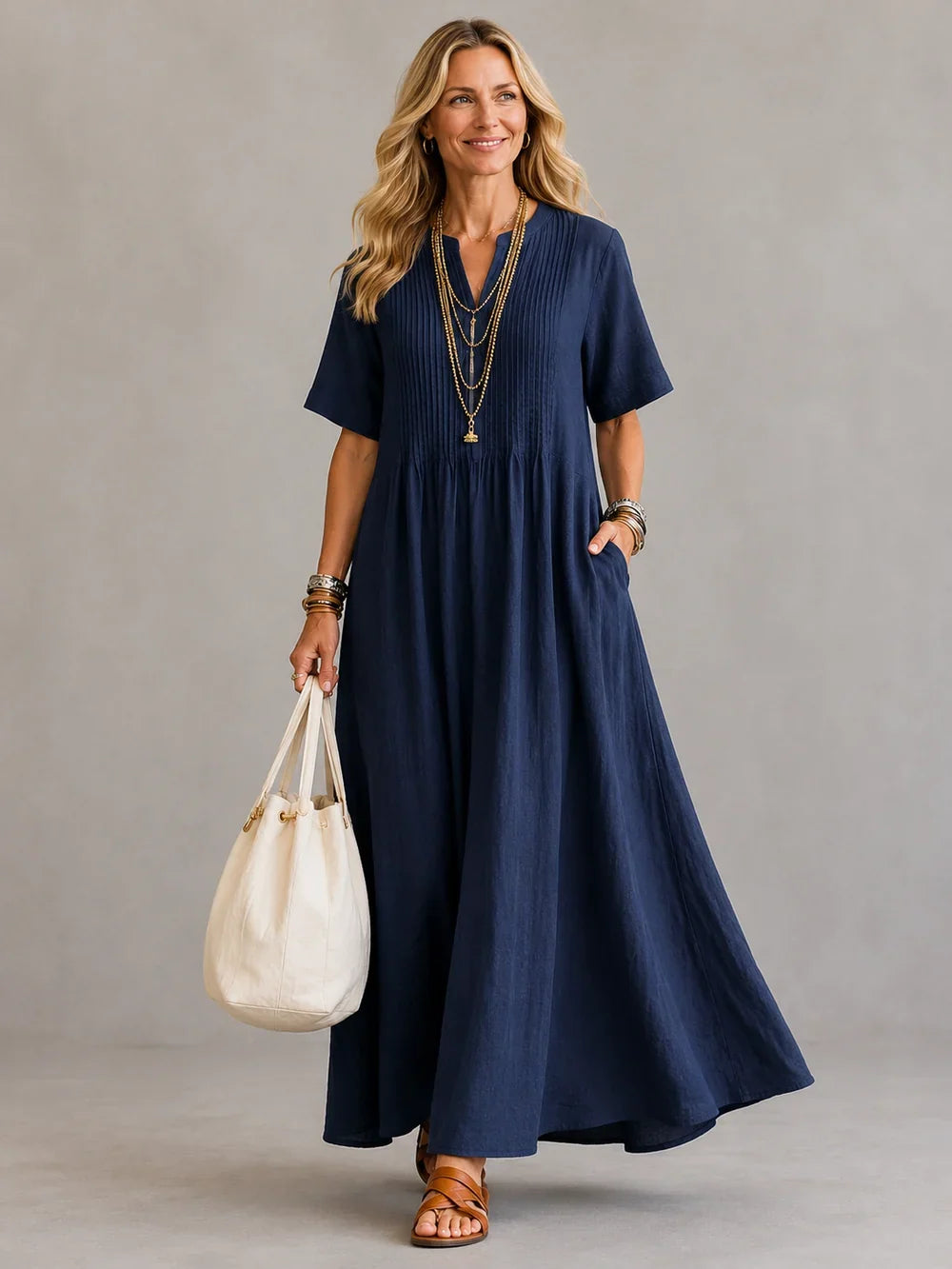 Simonetta Pintuck Maxi Dress in Navy Blue
