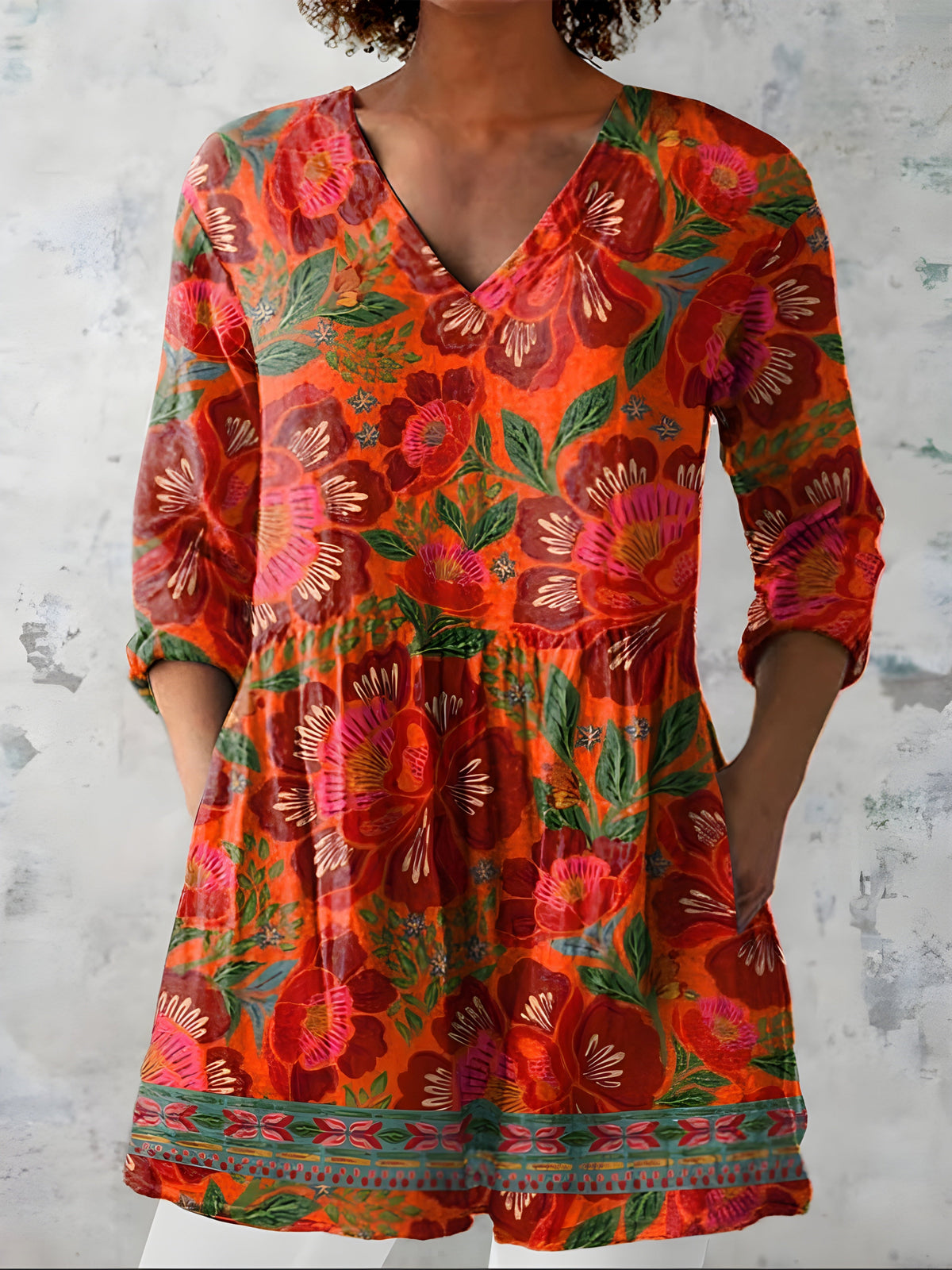 Tammie Border Hem Tunic in Red Orange