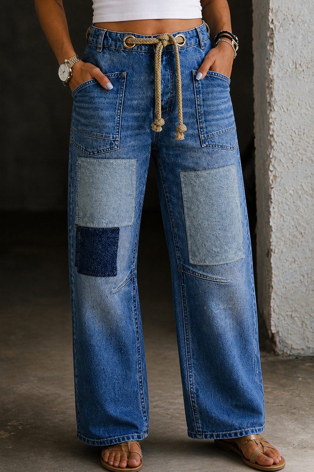 Taryn Patchwork Rope-Tie Jeans in Blue