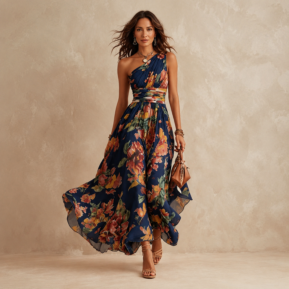 Full-length front view of the Thalassa Watercolor Floral Maxi Dress in pink, showcasing the one-shoulder design and flowing skirt.