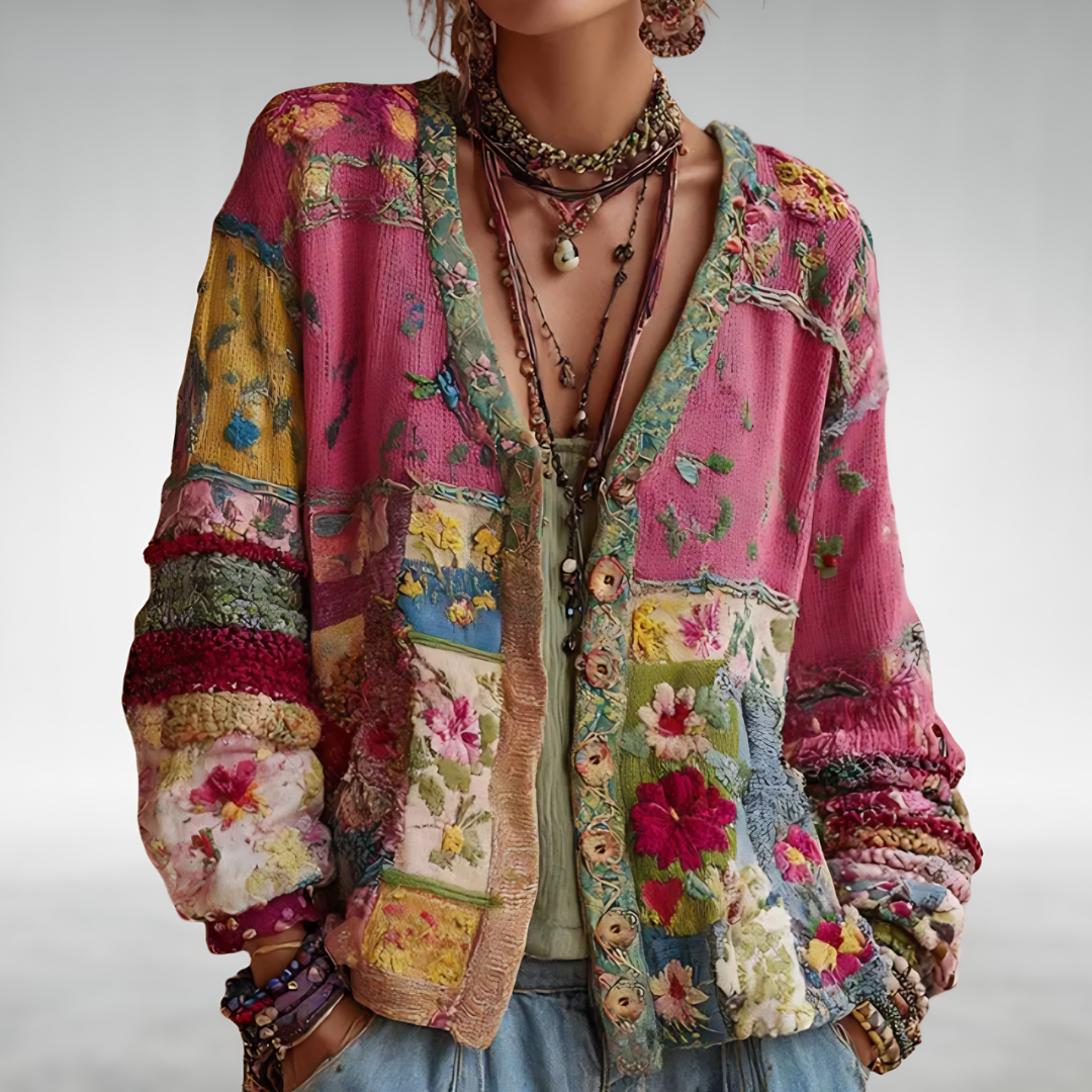 Tricia Patchwork Knit Cardigan in Beige