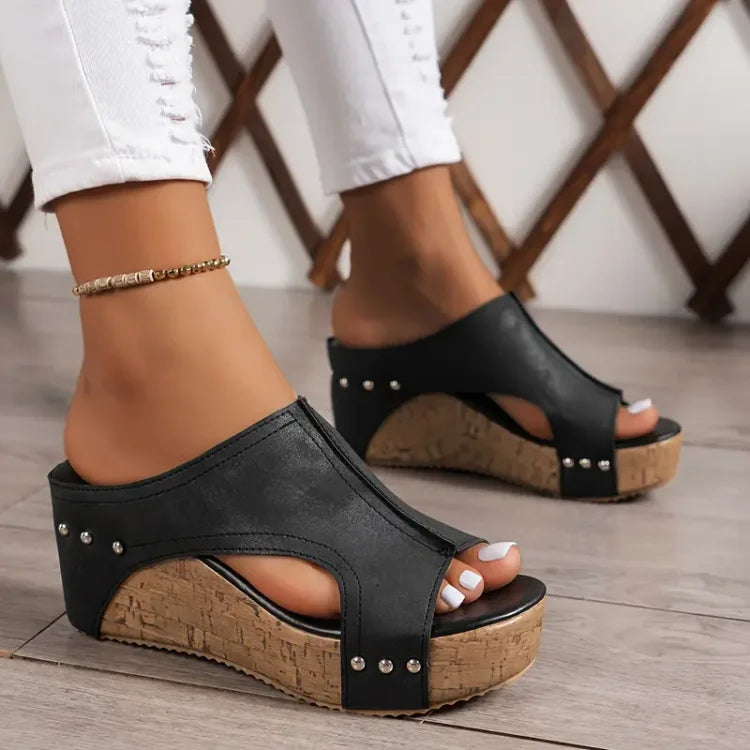 Velma Studded Cork Wedges in Black