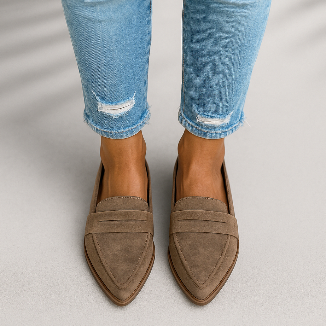 Vilma Pointed Suede-Look Loafers in Khaki