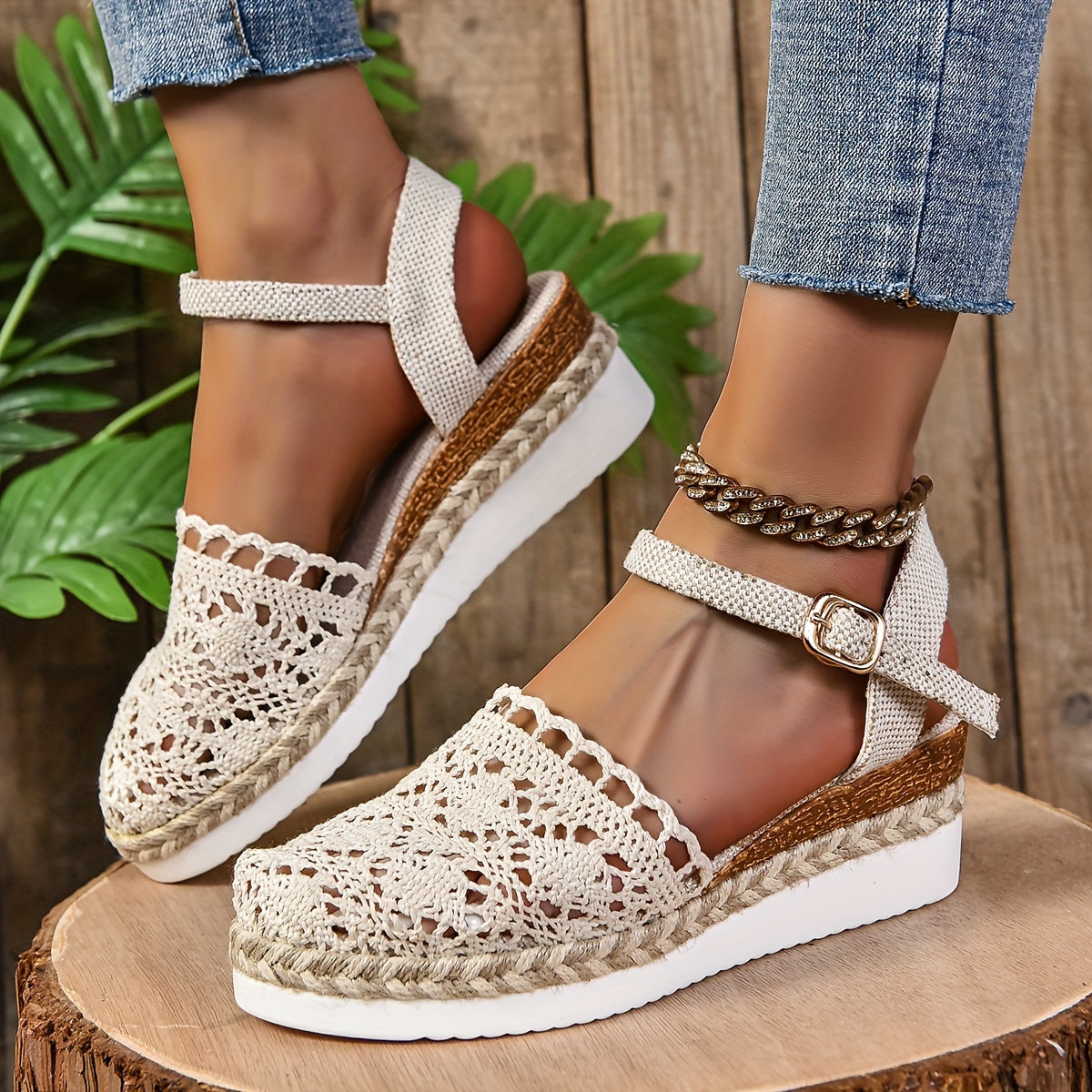 Vinnie Crochet Espadrille Wedges in Beige