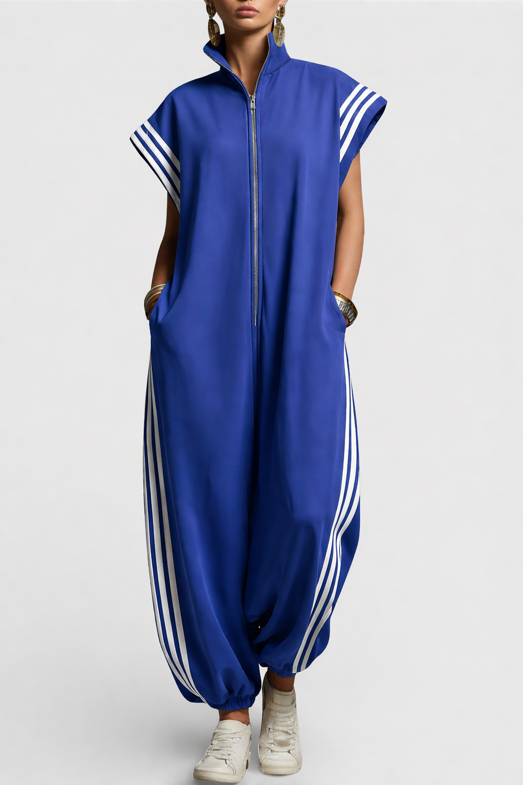 Vittoria Striped Zip Jumpsuit in Navy Blue
