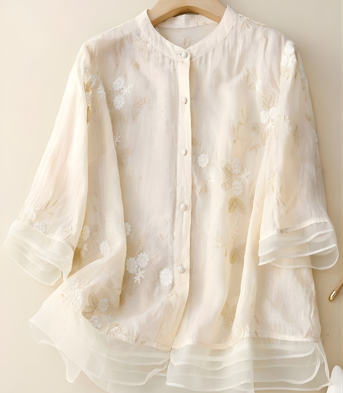 Zuzana Embroidered Mandarin Blouse in Beige